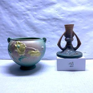 VTG Roseville Pottery Poppy 1938 Pink Jardiniere Planter 642-4/Water Lily Candle